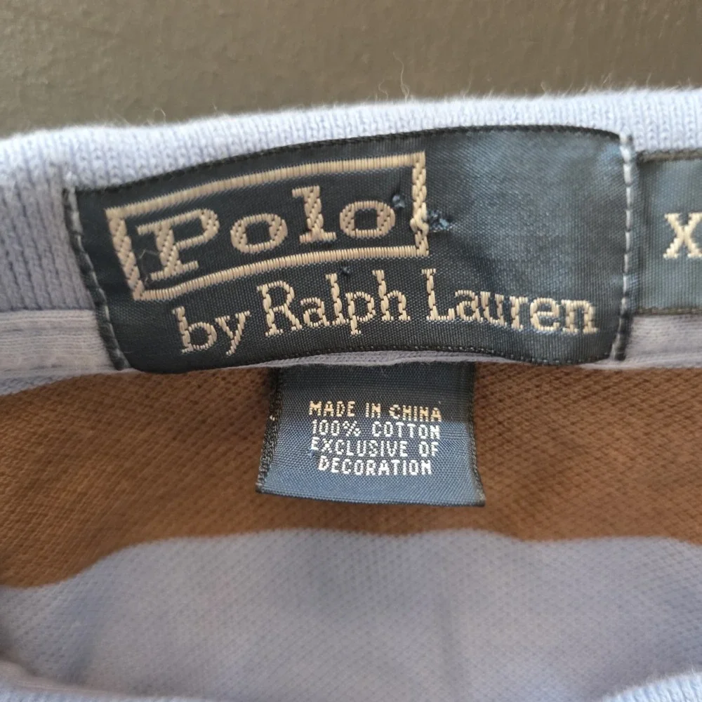 Vintage Polo Ralph Lauren Polo Shirt Blue Brown Striped Short Sleeve Mens 2XL